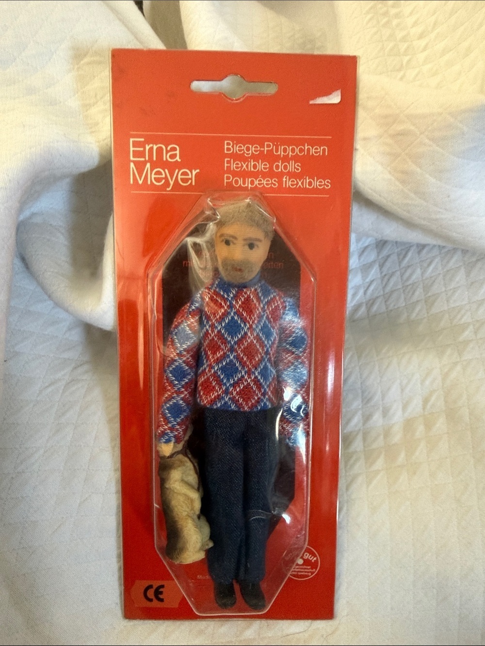Vintage Erna Meyer Flexible Dollhouse Doll Man, Dog 1:12 Handmade in Germany NIB